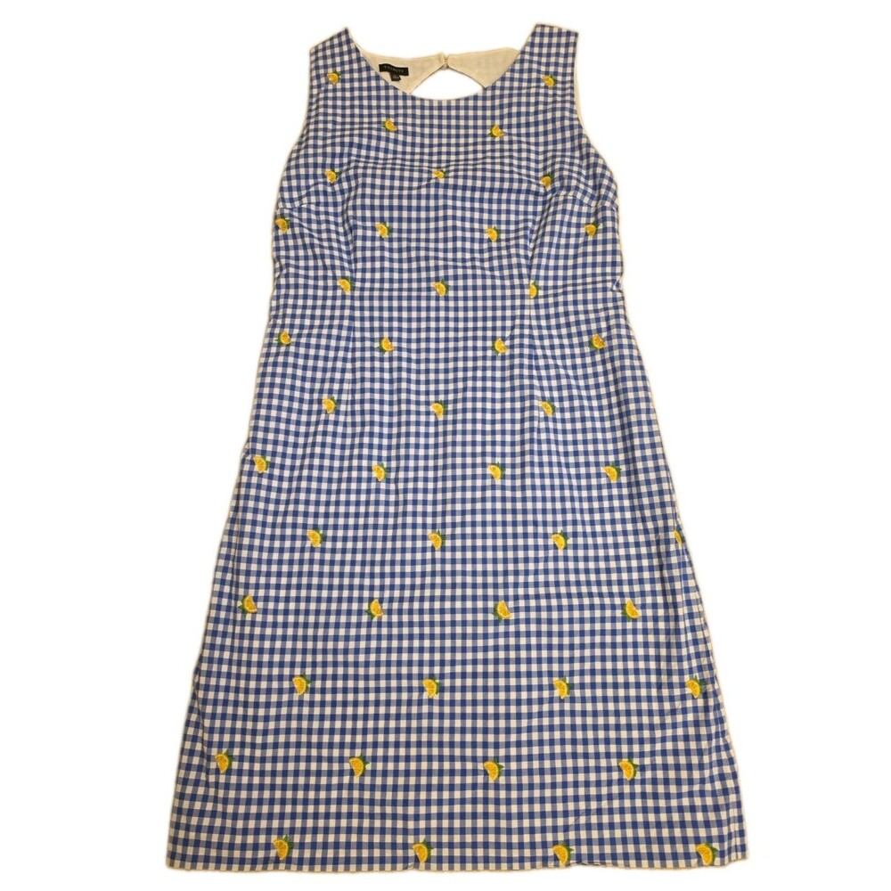 Talbots Dress Blue White Plaid Cotton Embroidered Lemons Lined Zip, Size 12